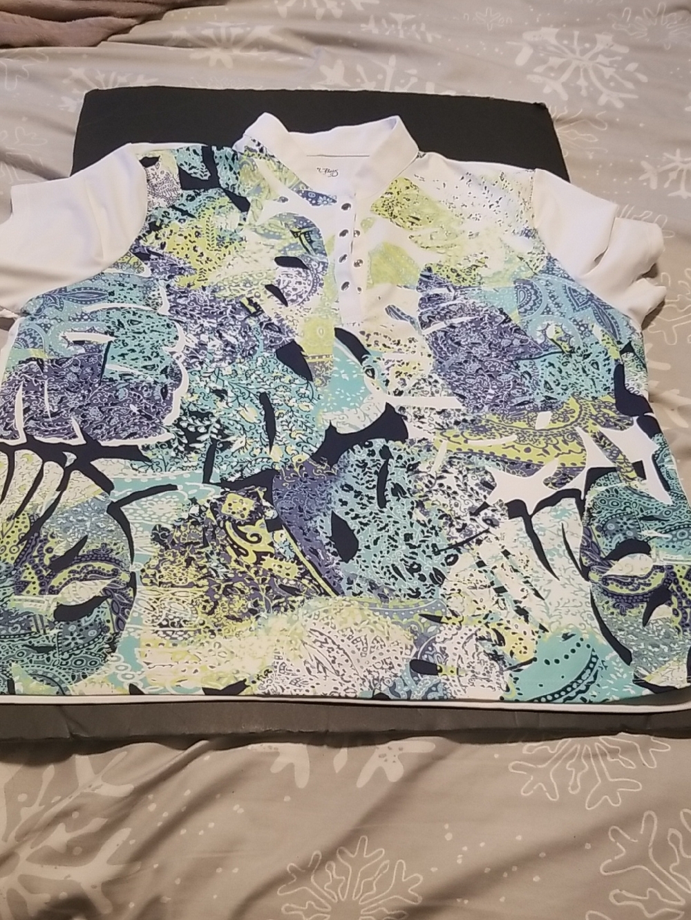 Coral Bay Golf White Polo with Blue, Aqua & Lime Abstract Print Size PXL